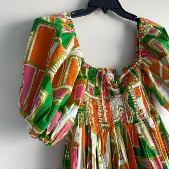 S/W/F SWF Puff Sleeve Babydoll Dress green white orange 22345 - Picture 4 of 8